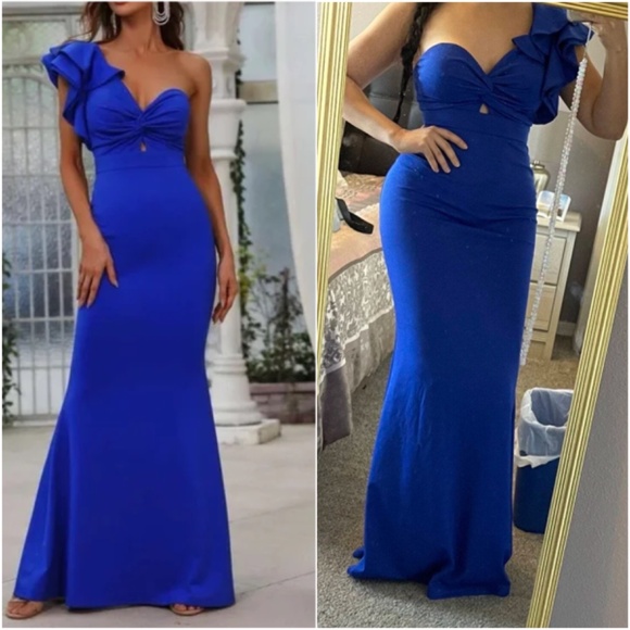 Classic One Shoulder Ruffle Twist Front Party Formal Wedding Dress - Picture 5 of 13